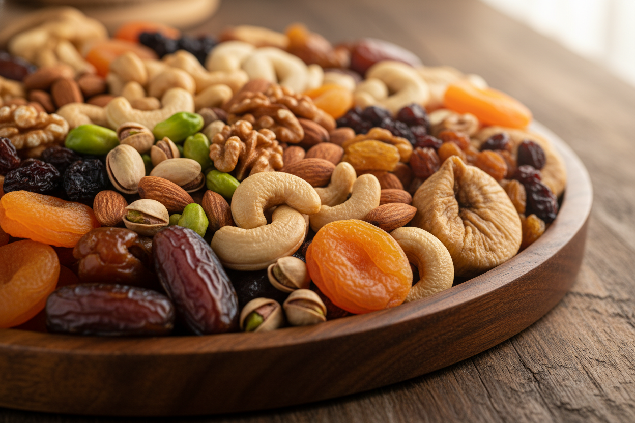a side-angled close up shot of a round try filled with premium dry fruits and nuts.